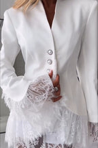 Queen Time Lace Trim V-neck Pearl Buttons Long Sleeve Loose  Blazer