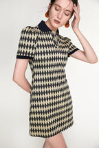 Diamond Argyle Knit Polo Collar Button Front Puff Sleeve Mini Dress