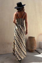 Geometric Zigzag Print Spaghetti Strap Deep V-Neck Maxi Dress