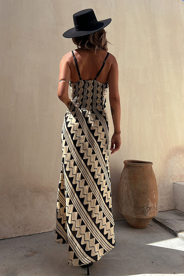 Geometric Zigzag Print Spaghetti Strap Deep V-Neck Maxi Dress