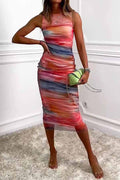 Abstract Print Mesh Ruched Bodycon Midi Dress