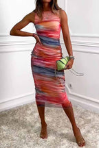 Abstract Print Mesh Ruched Bodycon Midi Dress
