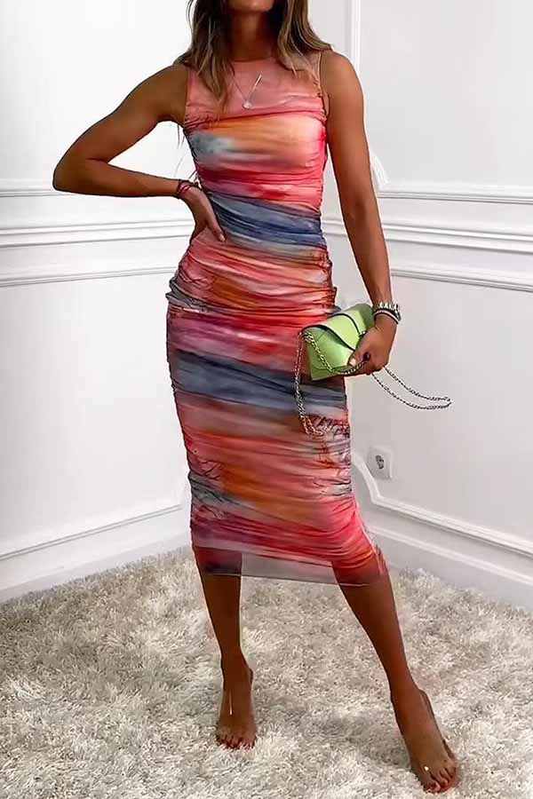 Abstract Print Mesh Ruched Bodycon Midi Dress