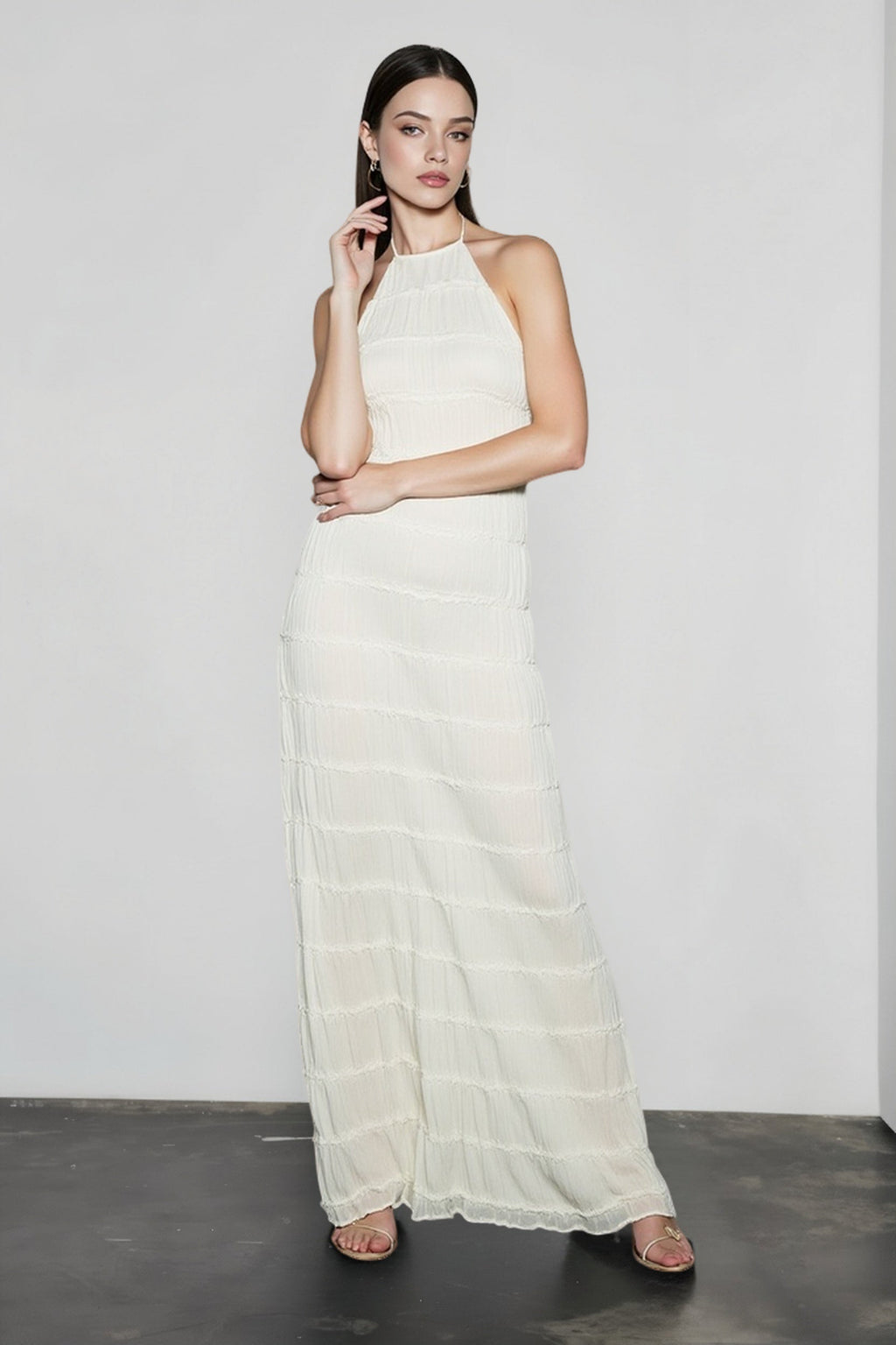 Chiffon Halter Neck Horizontal Tiered Ruched Maxi Dress