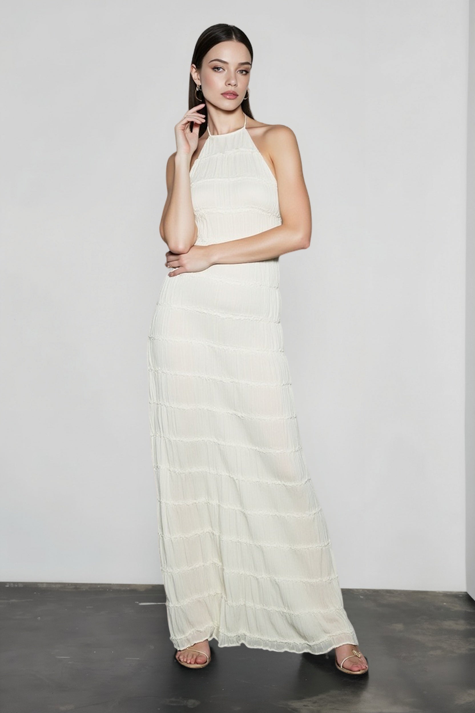 Chiffon Halter Neck Horizontal Tiered Ruched Maxi Dress