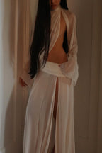 Sexy See-through High-neck Long-sleeved Draped Top and High-waisted Slit Maxi Skirt Vacation Set