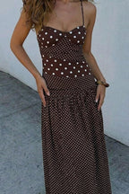 Sweetheart Halter Knot Bodice Mixed Scale Polka Dot Maxi Dress