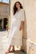 Eyelet Lace Tiered Puff Sleeve Button Front Midi Dress