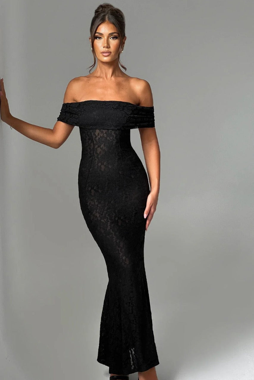 Floral Lace Off Shoulder Foldover Cuff Mermaid Maxi Dress