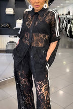 Mix Fashion Lace Striped Trim Short Sleeve Button Shirt and Elastic Waist Pocket Loose Pants Set