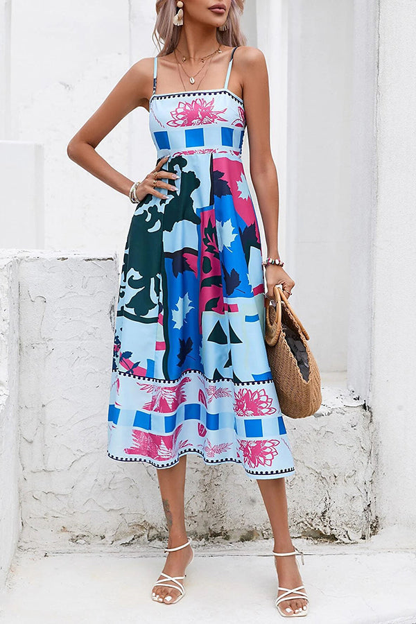 Abstract Floral Print Square Neck Spaghetti Strap Smocked Back Pocket Midi Dress