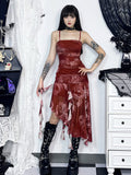 Dragon Print Mesh Overlay Spaghetti Strap Asymmetrical Ruffle Midi Dress