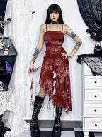 Dragon Print Mesh Overlay Spaghetti Strap Asymmetrical Ruffle Midi Dress