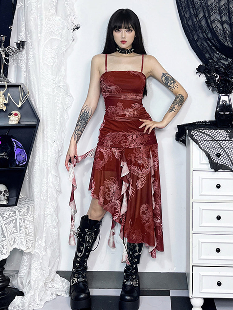Dragon Print Mesh Overlay Spaghetti Strap Asymmetrical Ruffle Midi Dress