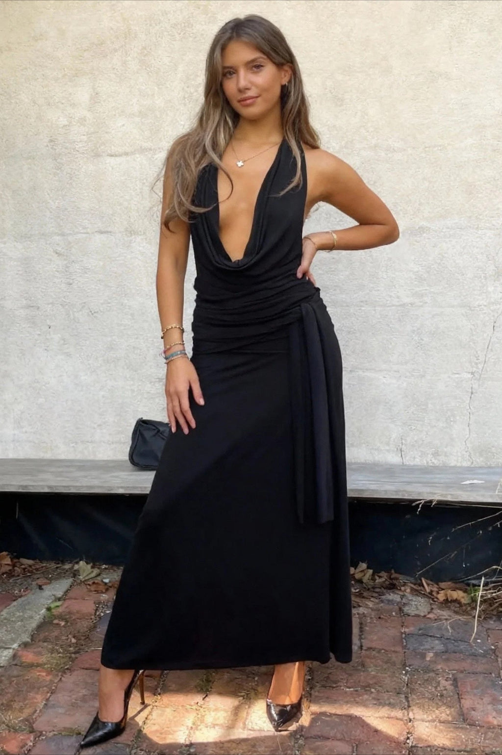 Halter Neck Deep Cowl Neck Ruched Side Cut Out Wrap Maxi Gown
