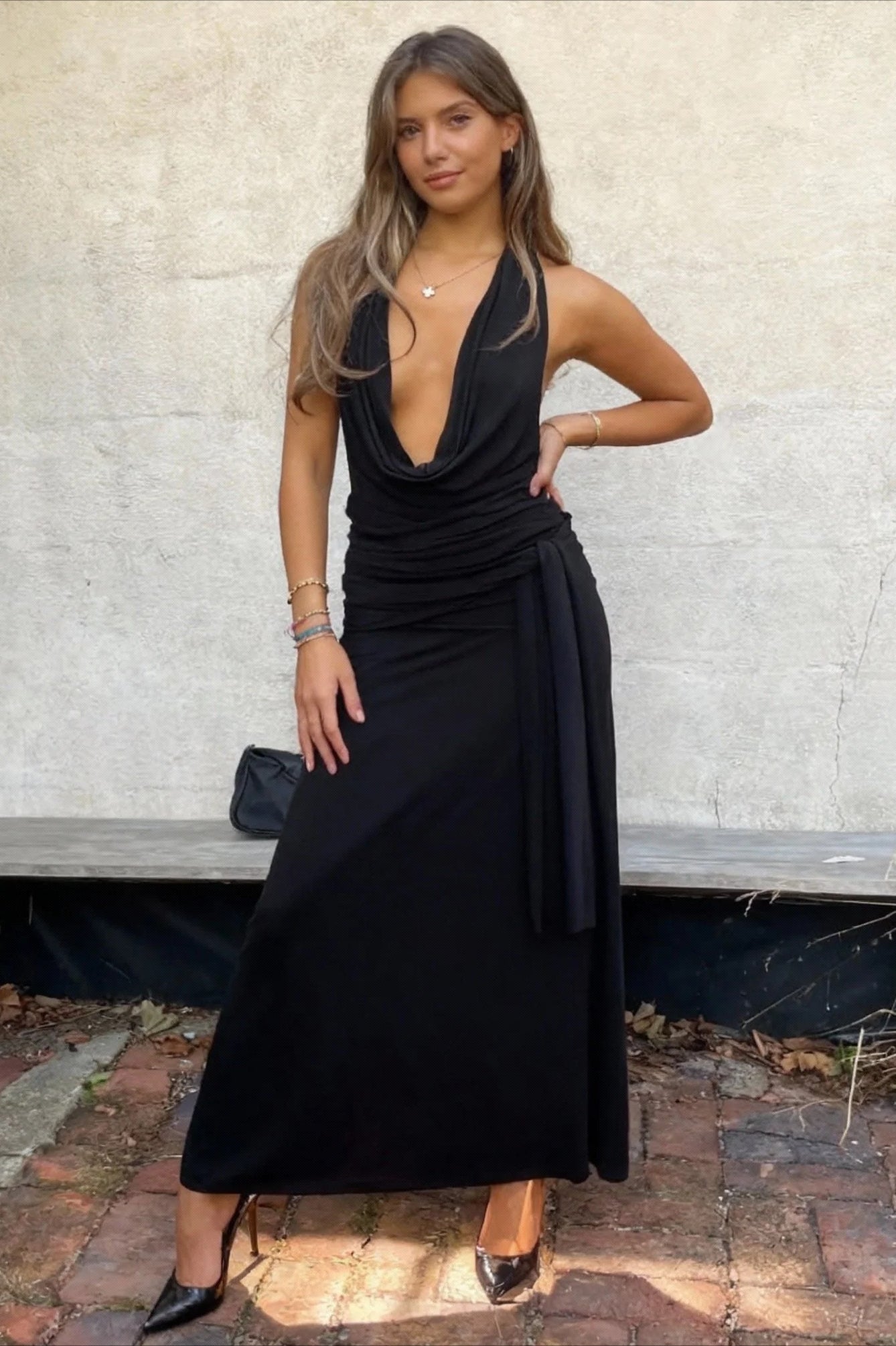 Halter Neck Deep Cowl Neck Ruched Side Cut Out Wrap Maxi Gown