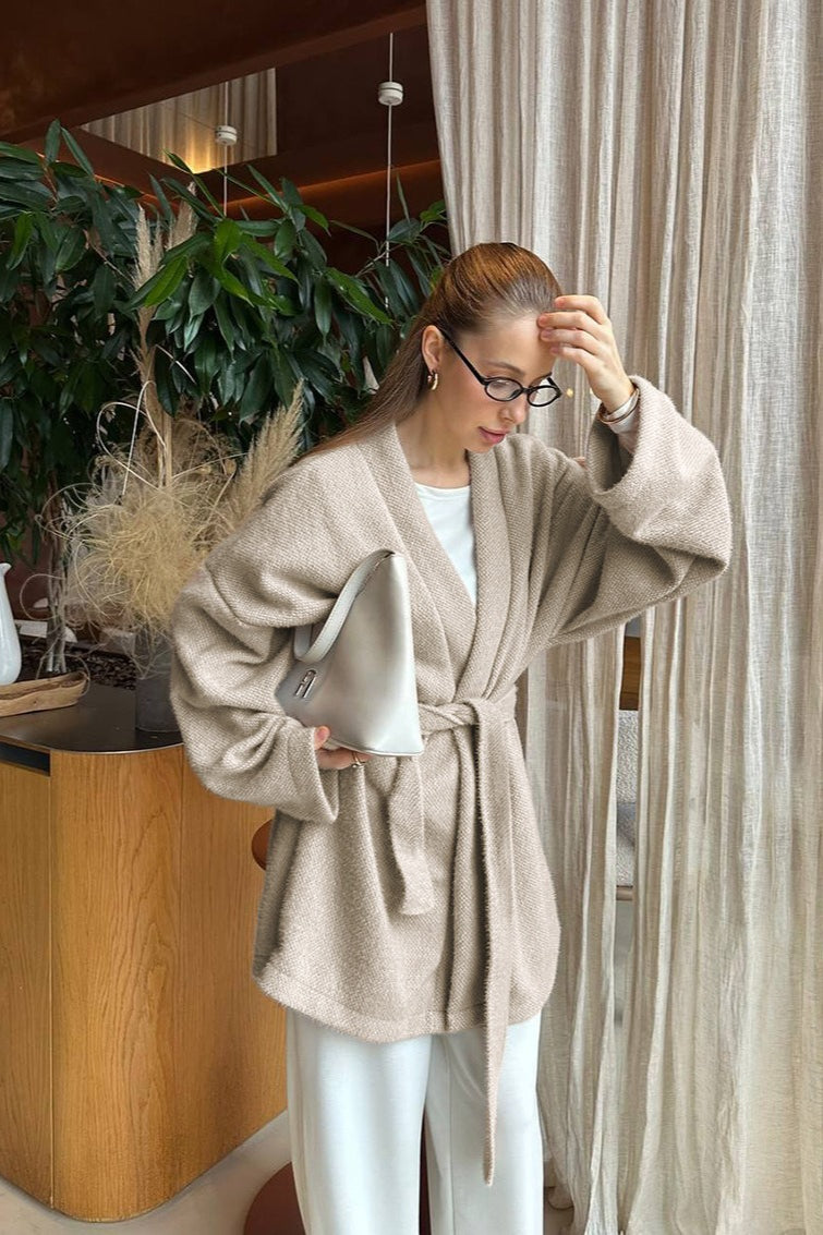 Vintage Tie-Waist Wool Blend Midi Coat