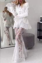 Queen Time Court-style Lace High Rise Elastic Waist Flare Maxi Skirt