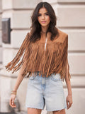 Western Cowgirl Fringe Vest Crew Neck Bohemian Spring Suede Jacket For Women 2026