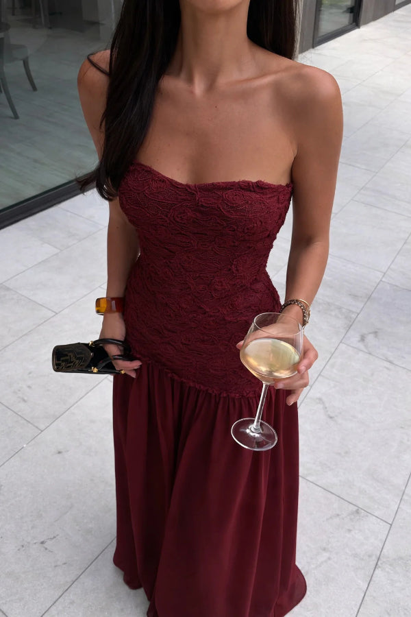 Stylish Three-dimensional Floral Chiffon Patchwork Strapless Elegant Maxi Dress