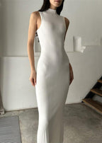 Mock Neck Sleeveless Rib Knit Bodycon Midi Dress