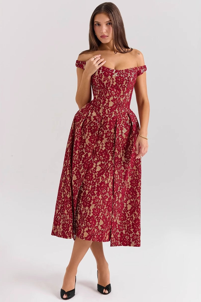 Floral Lace Off Shoulder Corset Bodice Pleated Fit and Flare Mini Dress