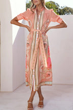 Unique Printed Puff Sleeve Button Lace Up Vacation Maxi Dress