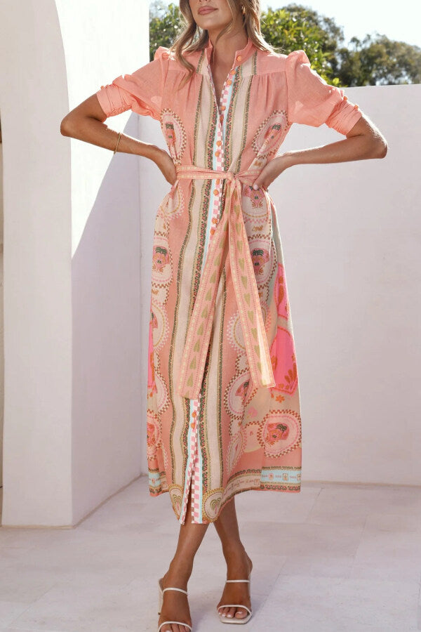 Unique Printed Puff Sleeve Button Lace Up Vacation Maxi Dress