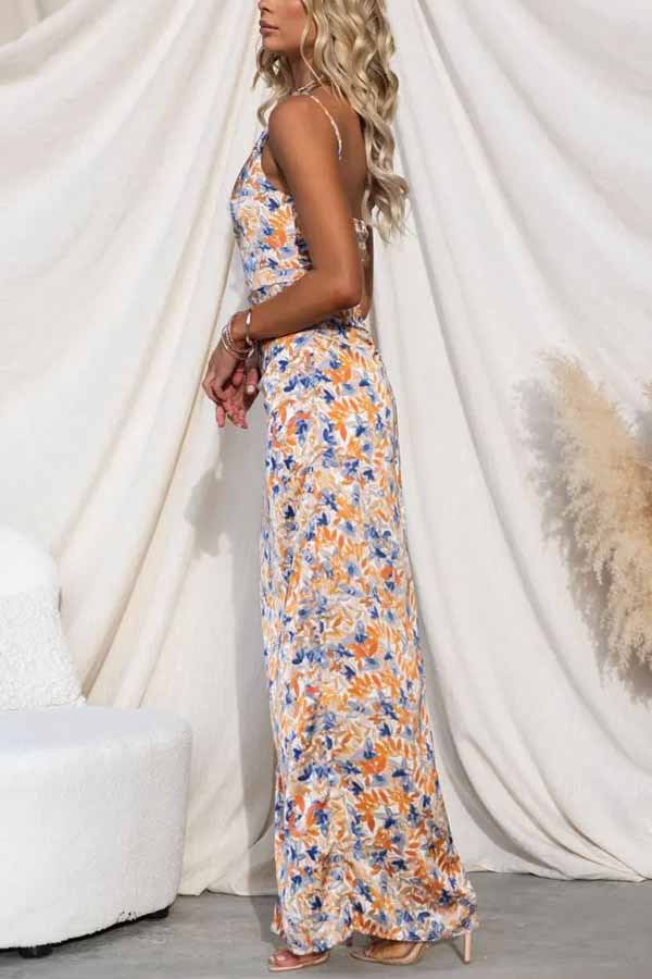 Floral Print One Shoulder Ruched Wrap Front Slit Maxi Dress