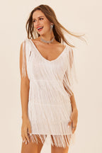 Sleeveless Tassel Trim Fringe Hem Mini Dress