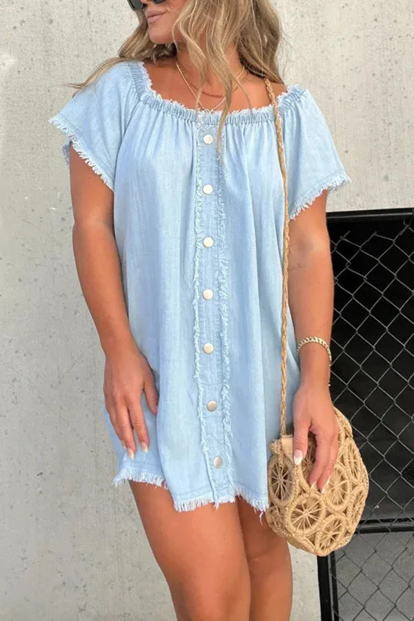 Off Shoulder Denim Button Front Frayed Trim Shift Mini Dress