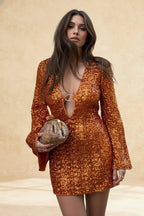 Sequin Deep V-Neck Ring Keyhole Bell Sleeve Mini Dress