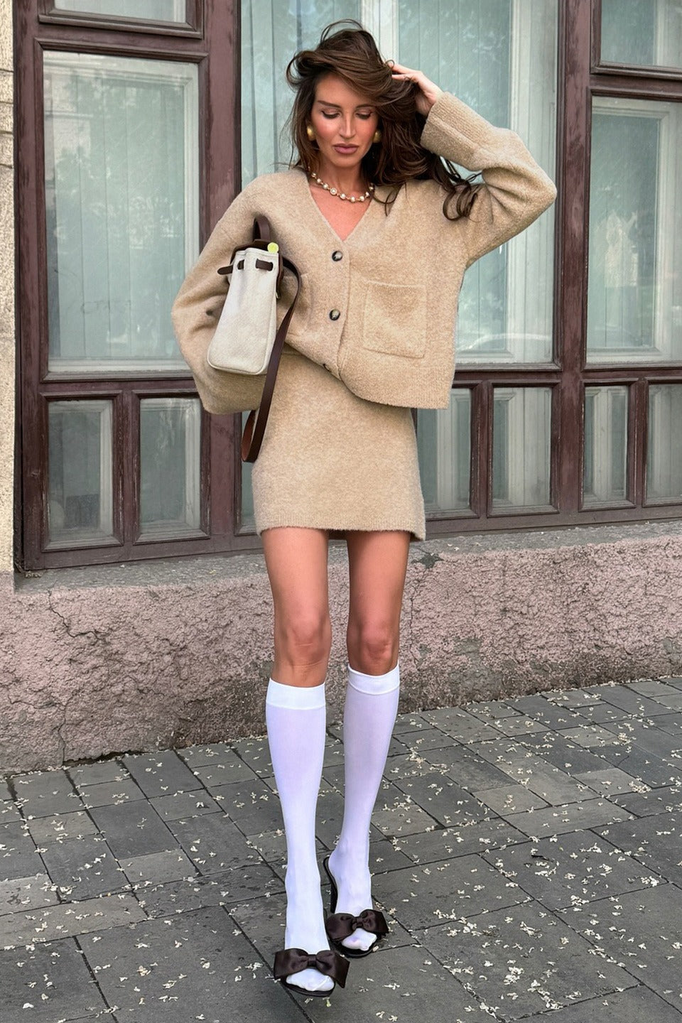 Tweed Solid Cardigan Skirt Set Chic Two Piece Set