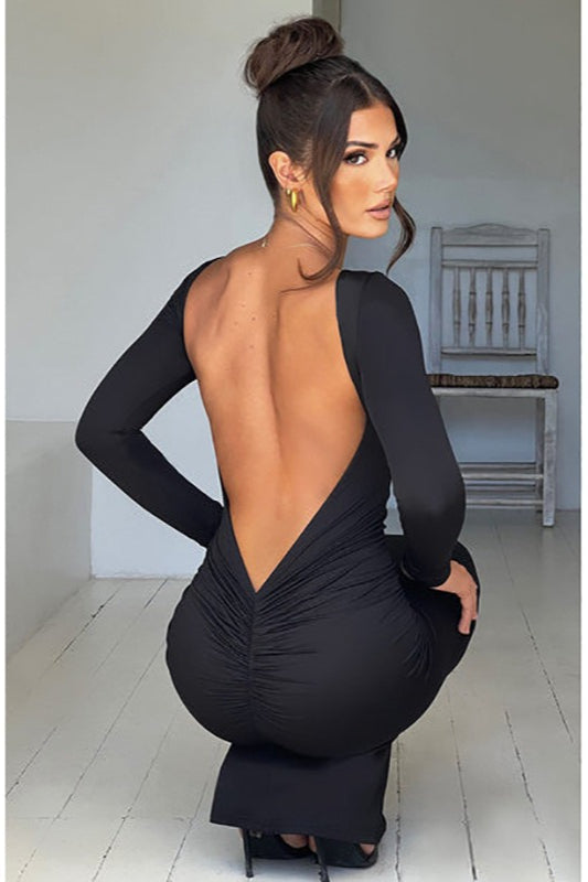 Long Sleeve Backless Bodycon With Side Slit Dress