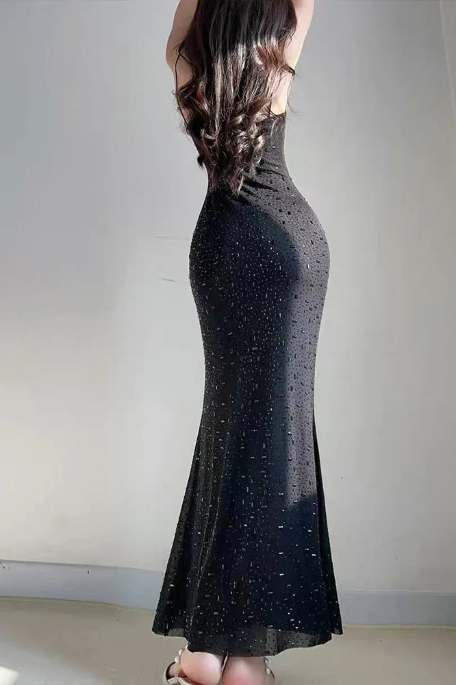 Square Neck Spaghetti Strap Geometric Sequin Mesh Bodycon Maxi Dress