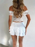 Lace Off Shoulder Side Tie Up Top & Tiered Mini Skirt Set