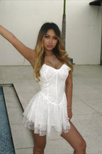 Floral Jacquard Corset Sweetheart Ruffle Neck Fit and Flare Mini Dress