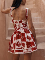 Deep V Neck Side Cutout Scalloped Trim Postage Stamp Floral Mini Dress