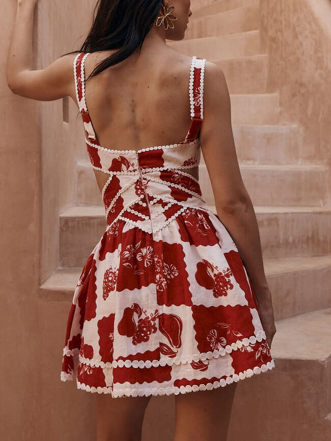 Deep V Neck Side Cutout Scalloped Trim Postage Stamp Floral Mini Dress