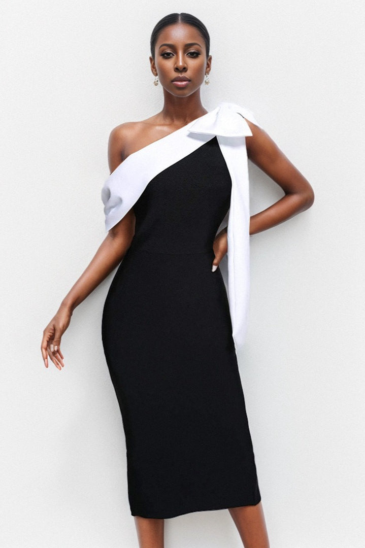 Bandage One-shoulder Color Block Bow Cocktail Dress