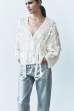 Tie Front Sequin Long Sleeve Blouse