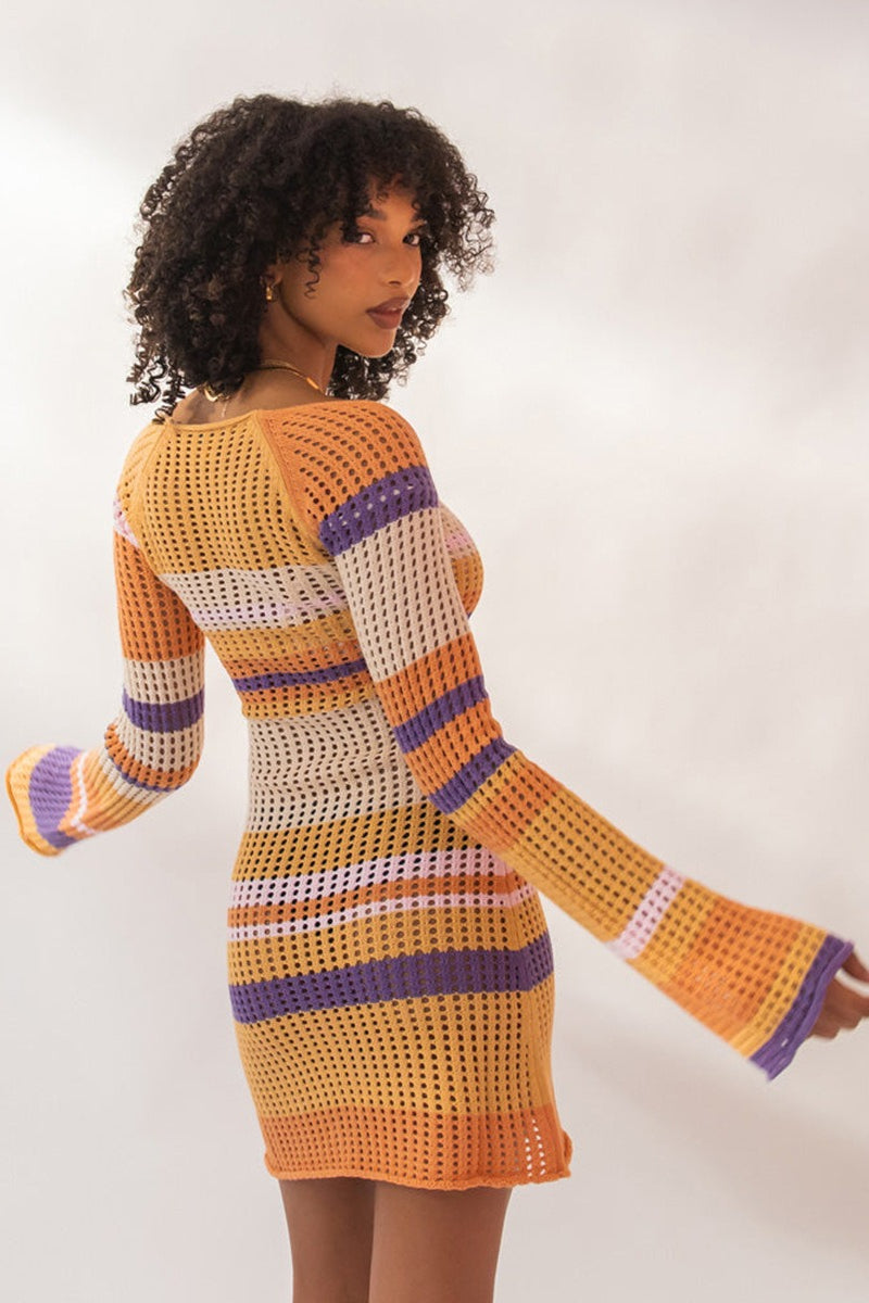 Striped Open Knit Square Neck Bell Sleeve Bodycon Mini Dress