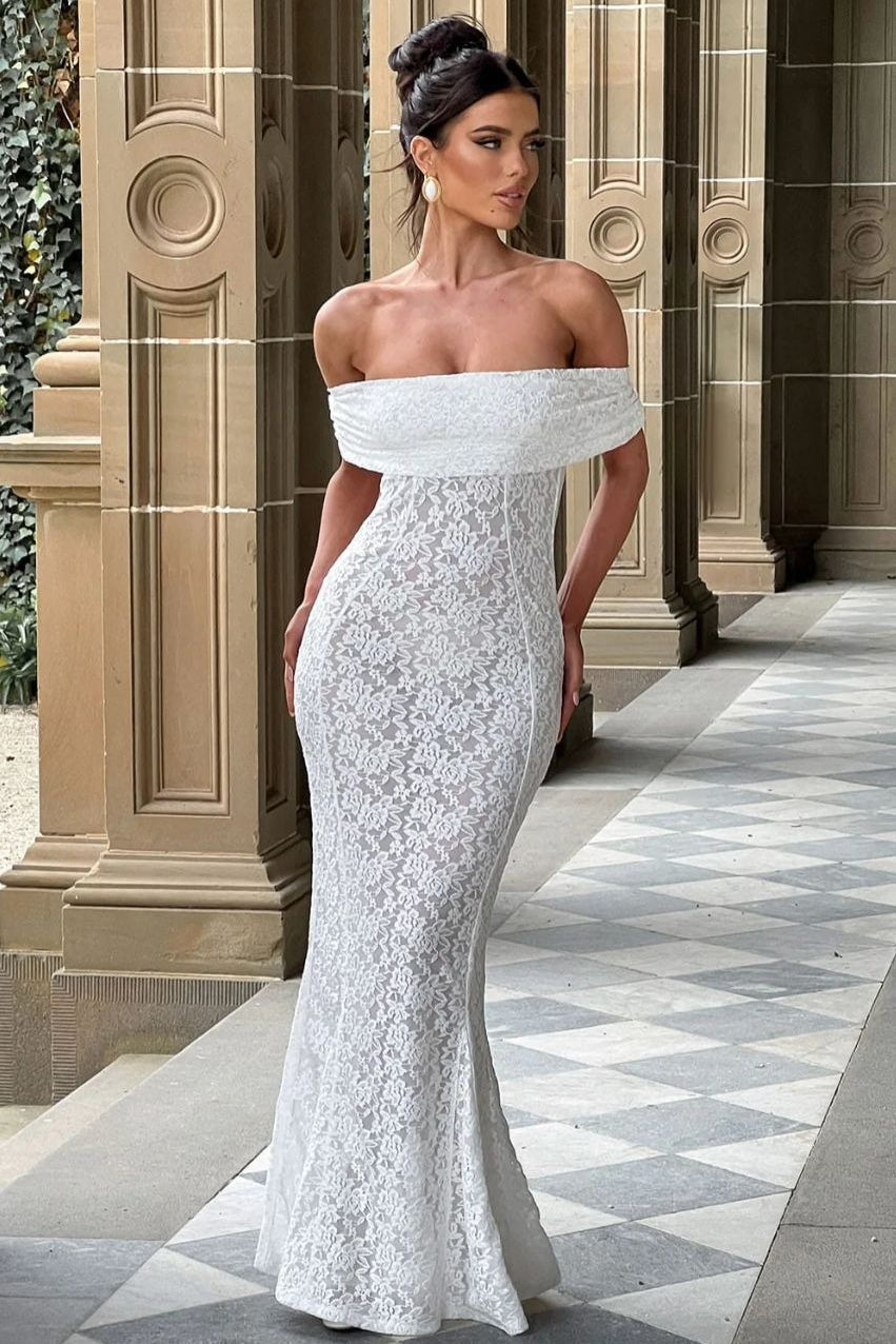 Floral Lace Off Shoulder Foldover Cuff Mermaid Maxi Dress