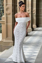 Floral Lace Off Shoulder Foldover Cuff Mermaid Maxi Dress