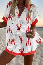 Fun Lobster Print Loose Button Elastic Waist Shorts Set