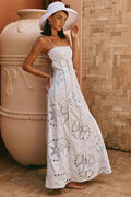 White Spaghetti Strap Square Neck Eyelet Starfish Embroidery Back Tie Maxi Dress