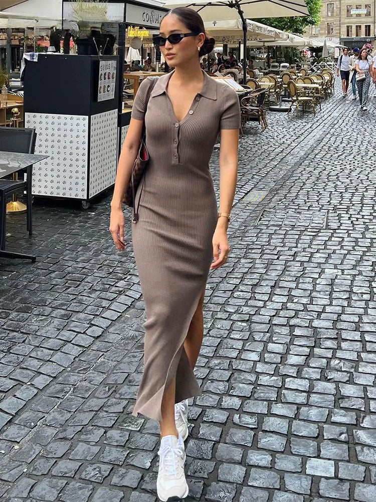 Ribbed Knit Polo Collar Button Placket Side Slit Maxi Dress