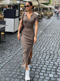 Ribbed Knit Polo Collar Button Placket Side Slit Maxi Dress