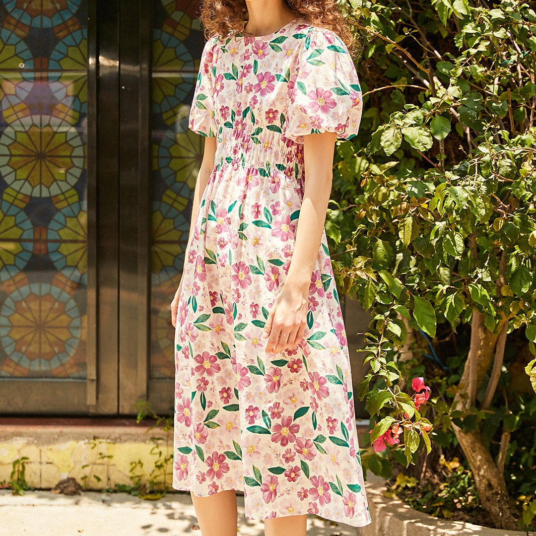 Floral Print Smocked Waist Puff Sleeve Crew Neck Midi Dress