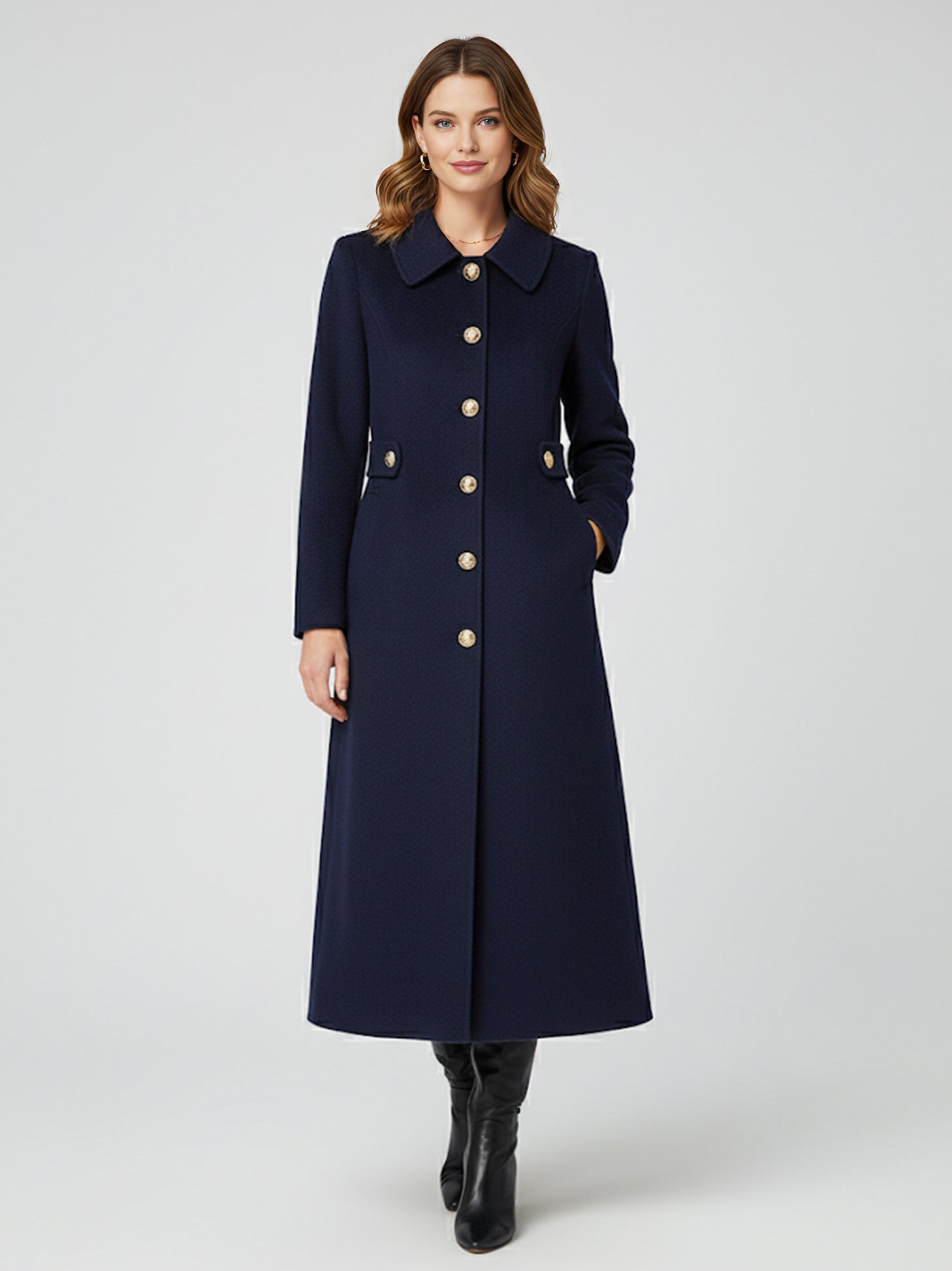 Vintage Wool Cashmere Blend Coat With Golden Buttons For Women 2026